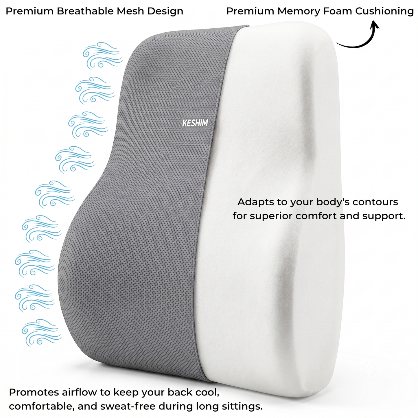 Keshim Memory Foam Lumbar Support Pillow for Office Chair, Car Seat & Gaming Chair – Ergonomic Lower Back Cushion with Premium Breathable Mesh Cover for Back Pain Relief & Posture Support