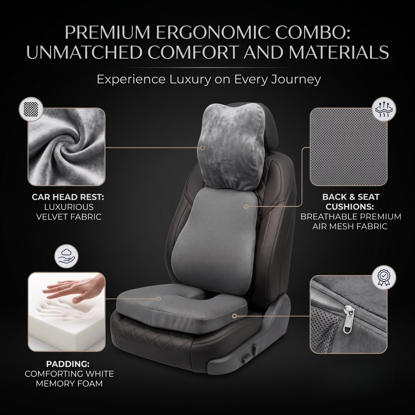 KESHIM 3-in-1 Memory Foam Car Seat Cushion Combo Set with Coccyx Seat Cushion, Lumbar Back Support & Velvet Headrest Pillow | Orthopedic Car Seat Support | Premium Air Mesh And Velvet | Ideal for Driving & Long Rides