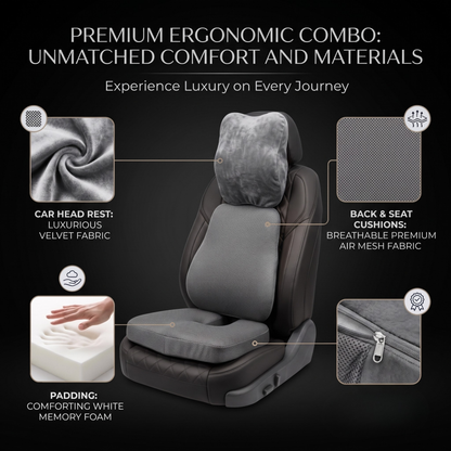 KESHIM 3-in-1 Memory Foam Car Seat Cushion Combo Set with Coccyx Seat Cushion, Lumbar Back Support & Velvet Headrest Pillow | Orthopedic Car Seat Support | Premium Air Mesh And Velvet | Ideal for Driving & Long Rides