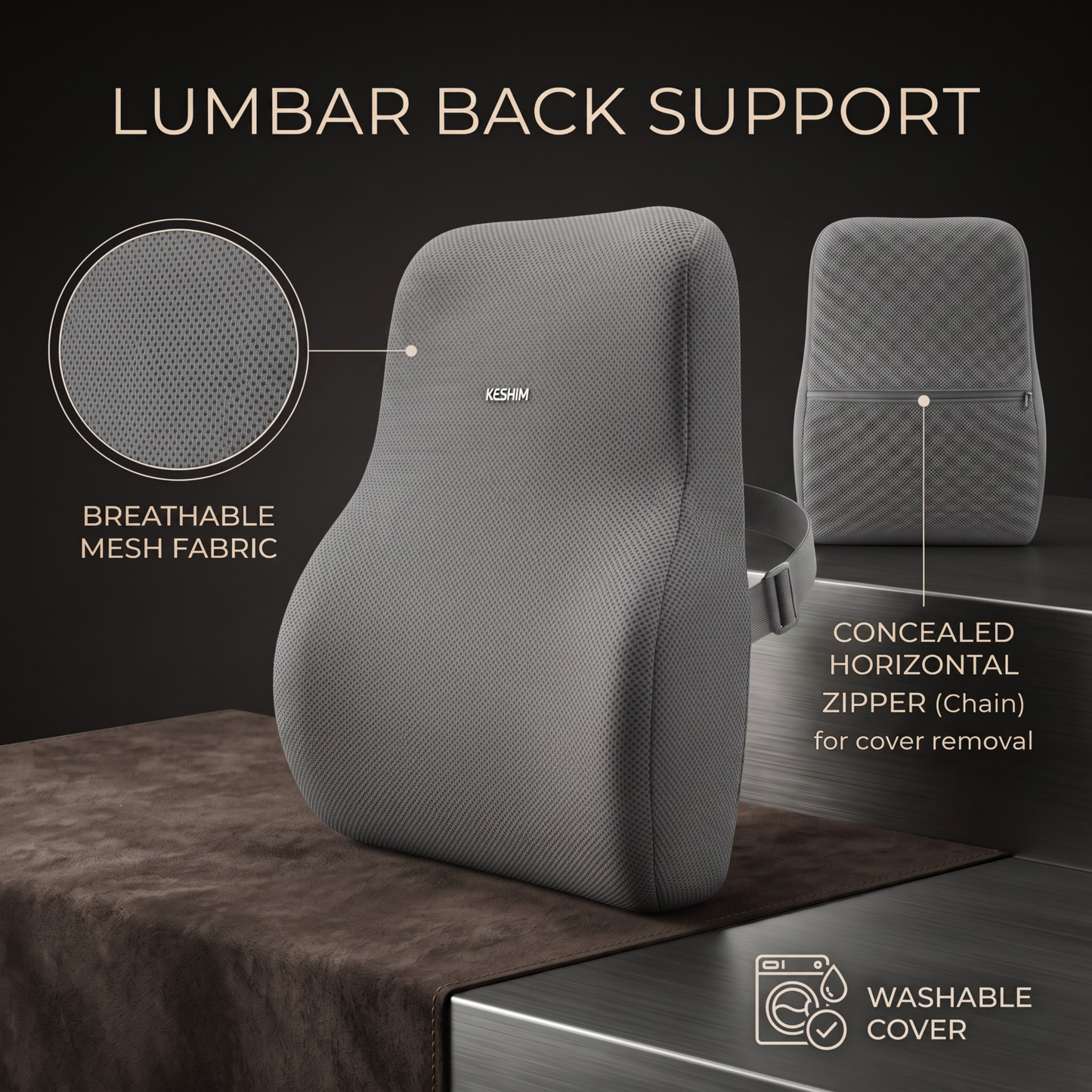 Keshim Memory Foam Lumbar Support Pillow for Office Chair, Car Seat & Gaming Chair – Ergonomic Lower Back Cushion with Premium Breathable Mesh Cover for Back Pain Relief & Posture Support