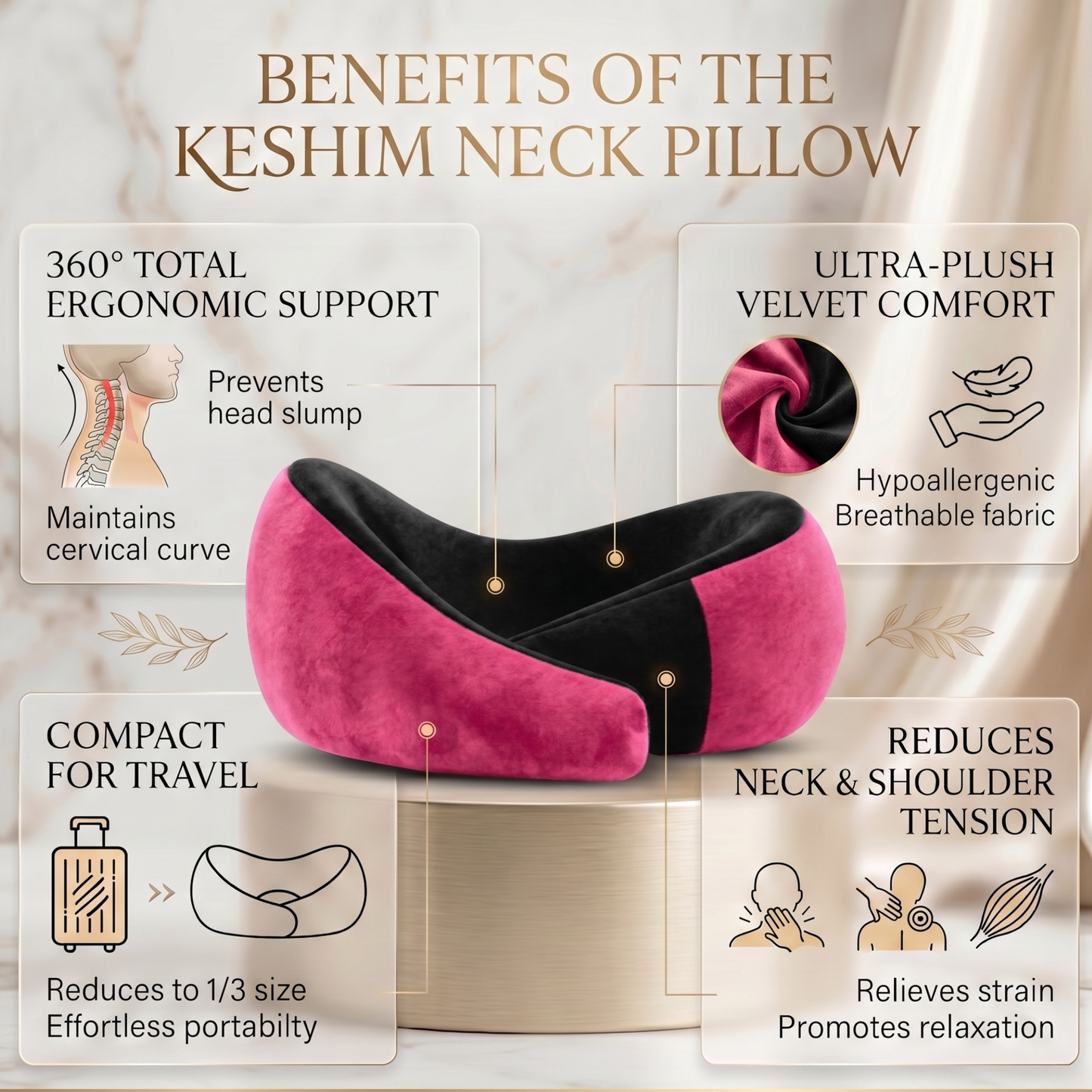 Keshim Memory Foam Travel Neck Pillow for Airplane, Car & Office | Premium Soft Velvet Fabric | Ergonomic 360° Neck Support | Portable Snake Shaped Travel Cushion for Adults and Kids.