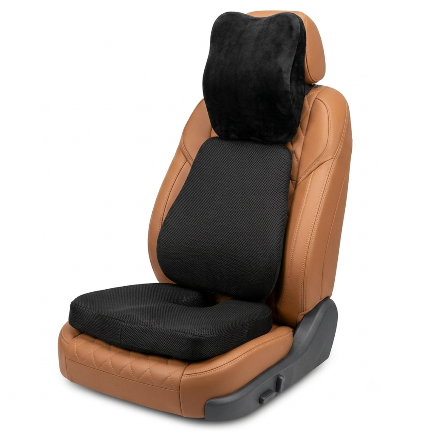 KESHIM 3-in-1 Memory Foam Car Seat Cushion Combo Set with Coccyx Seat Cushion, Lumbar Back Support & Velvet Headrest Pillow | Orthopedic Car Seat Support | Premium Air Mesh And Velvet | Ideal for Driving & Long Rides