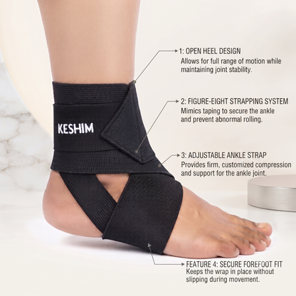 KESHIM Adjustable Ankle Support Wrap | Elastic Ankle Brace with Figure-8 Compression Strap for Ankle Stability & Support | Breathable Adjustable Ankle Binder for Men & Women (Black)