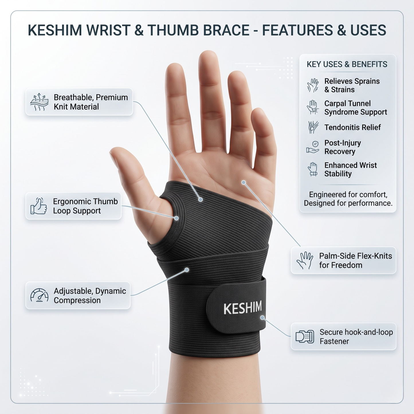 KESHIM Adjustable Wrist Brace for Men & Women | Hand & Wrist Support with Compression Strap for Sprain, Tendonitis, Carpal Tunnel, Arthritis, Gym, Sports & Daily Use | Left & Right Hand (Black)