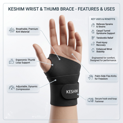 KESHIM Adjustable Wrist Brace for Men & Women | Hand & Wrist Support with Compression Strap for Sprain, Tendonitis, Carpal Tunnel, Arthritis, Gym, Sports & Daily Use | Left & Right Hand (Black)