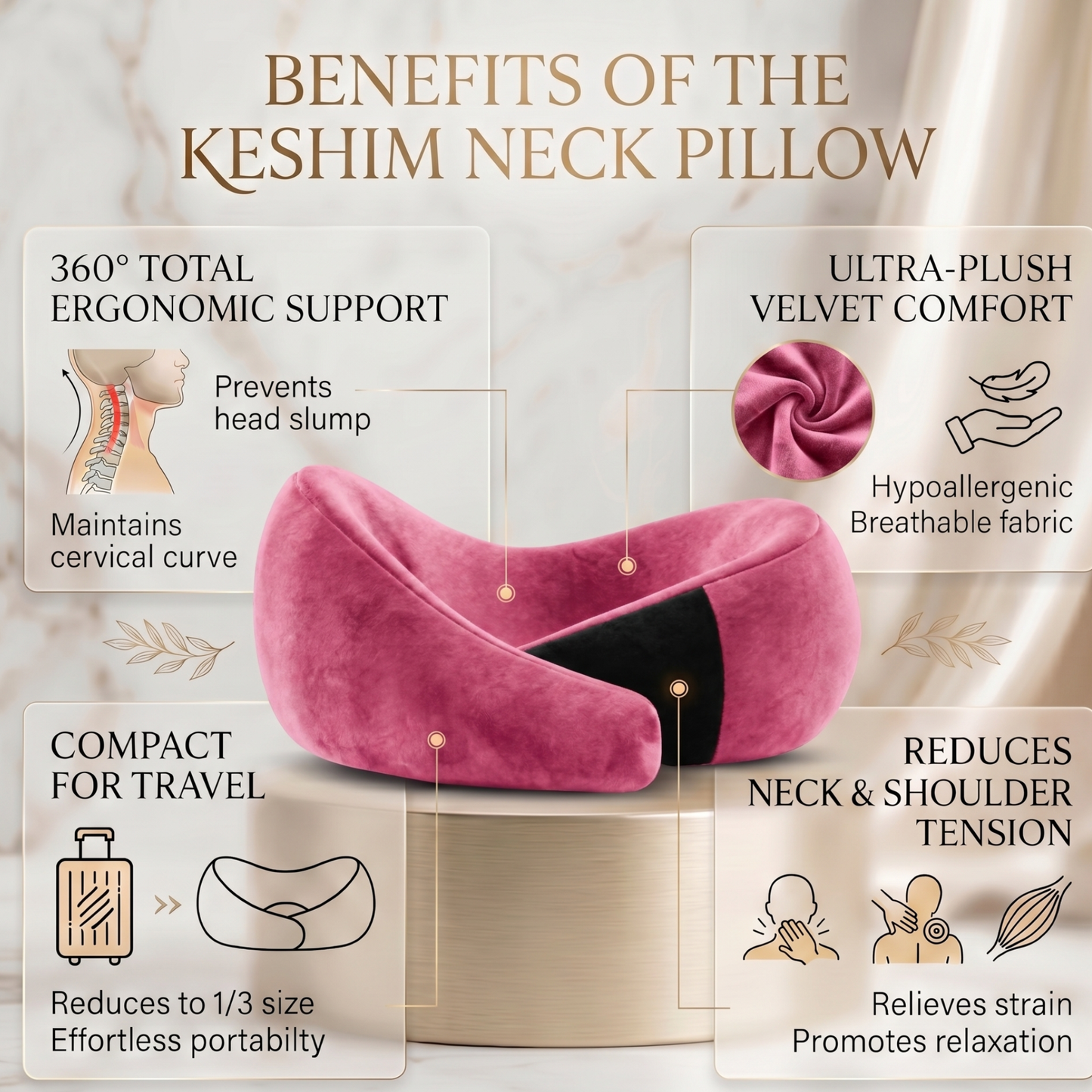 Keshim Memory Foam Travel Neck Pillow for Airplane, Car & Office | Premium Soft Velvet Fabric | Ergonomic 360° Neck Support | Portable Snake Shaped Travel Cushion for Adults and Kids.