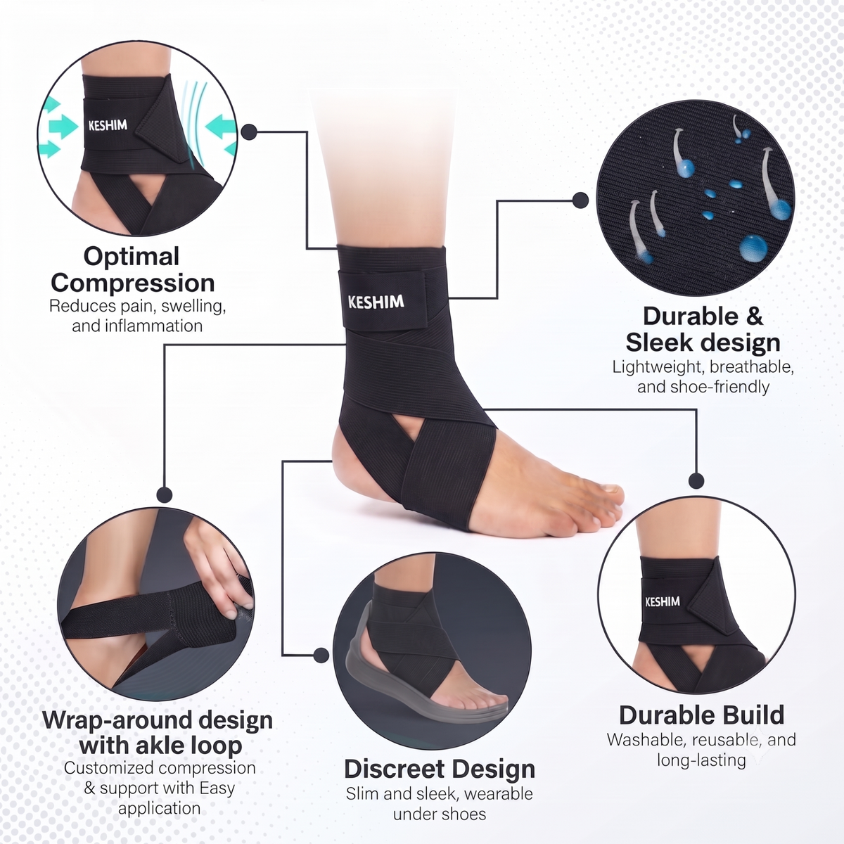 KESHIM Adjustable Ankle Support Wrap | Elastic Ankle Brace with Figure-8 Compression Strap for Ankle Stability & Support | Breathable Adjustable Ankle Binder for Men & Women (Black)