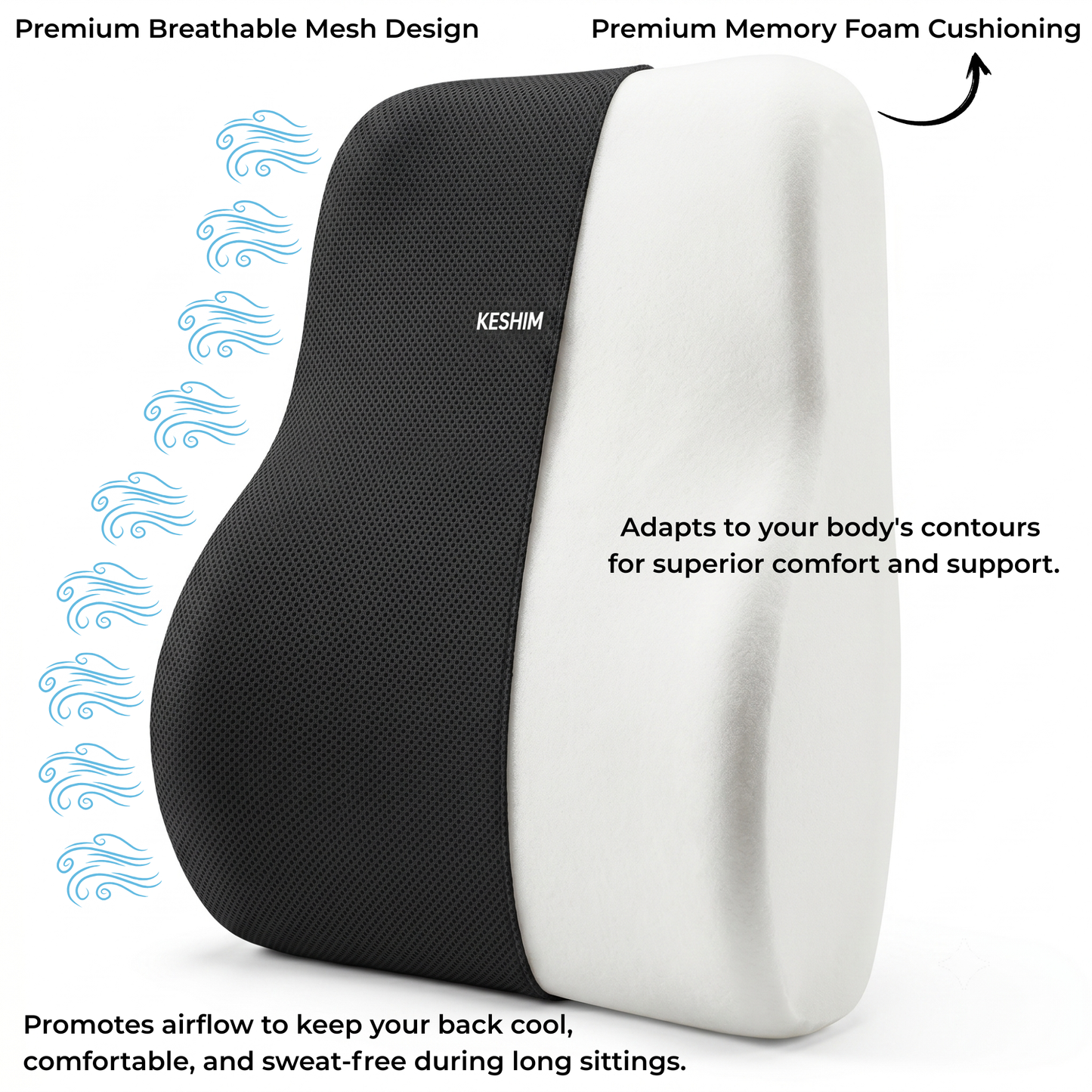 Keshim Memory Foam Lumbar Support Pillow for Office Chair, Car Seat & Gaming Chair – Ergonomic Lower Back Cushion with Premium Breathable Mesh Cover for Back Pain Relief & Posture Support