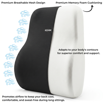 Keshim Memory Foam Lumbar Support Pillow for Office Chair, Car Seat & Gaming Chair – Ergonomic Lower Back Cushion with Premium Breathable Mesh Cover for Back Pain Relief & Posture Support