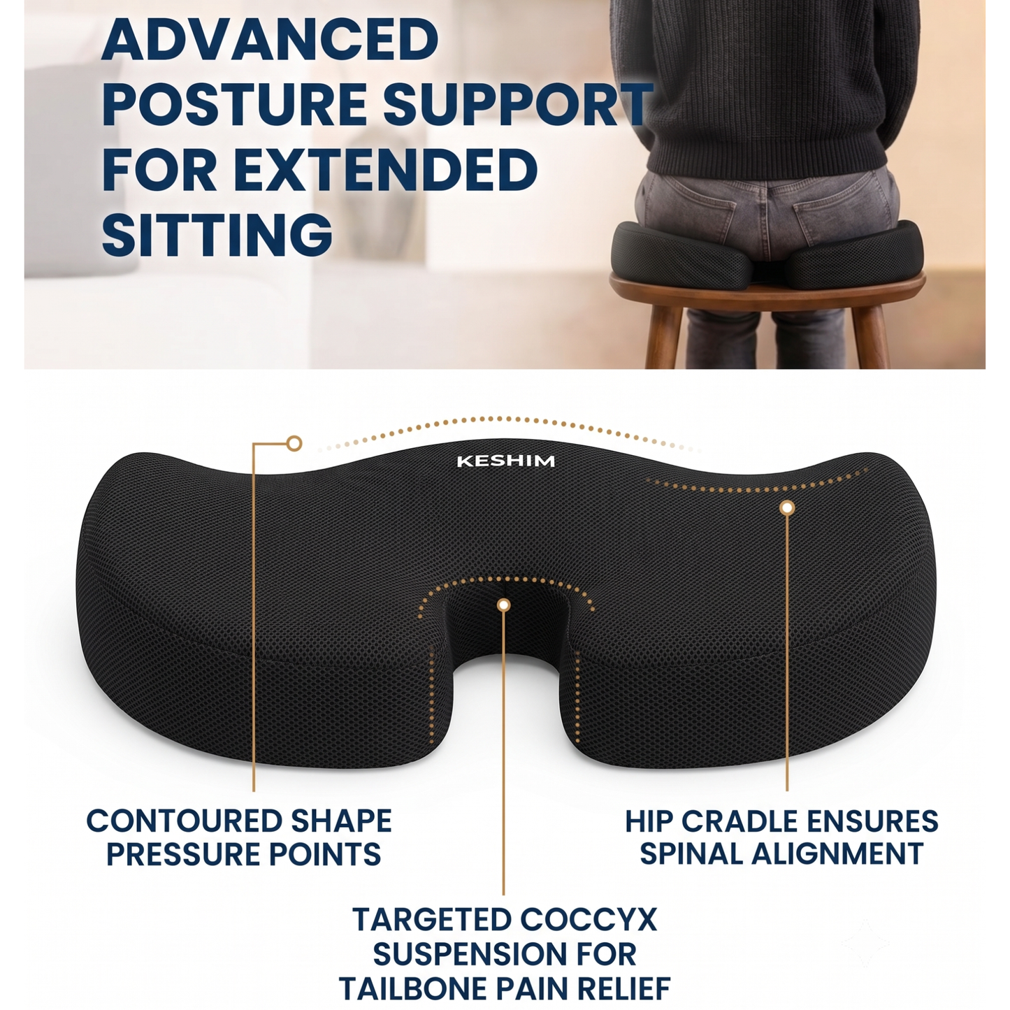 Keshim Orthopedic Coccyx Seat Cushion for Tailbone Pain Relief – Premium Memory Foam Sitting Pillow with Breathable Air Mesh Cover, Ergonomic U-Shaped Design for Office Chair, Car Seat, Wheelchair
