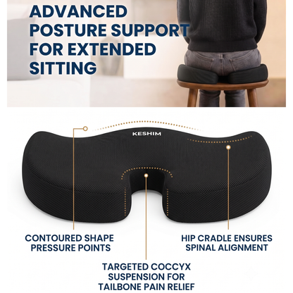 Keshim Orthopedic Coccyx Seat Cushion for Tailbone Pain Relief – Premium Memory Foam Sitting Pillow with Breathable Air Mesh Cover, Ergonomic U-Shaped Design for Office Chair, Car Seat, Wheelchair