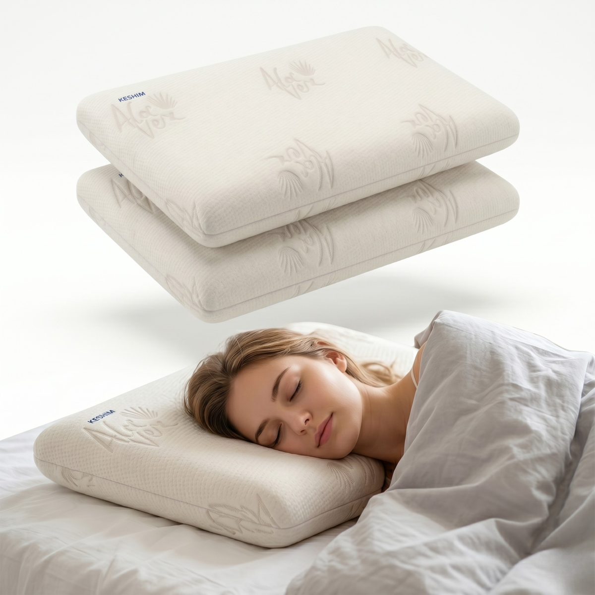 Keshim Memory Foam Pillow Combo with Premium Aloe Vera Fabric Cover | Ergonomic Orthopedic Sleeping Pillow for Neck & Shoulder Support | Soft, Breathable & Pressure-Relieving Pillow - Pack Of 2