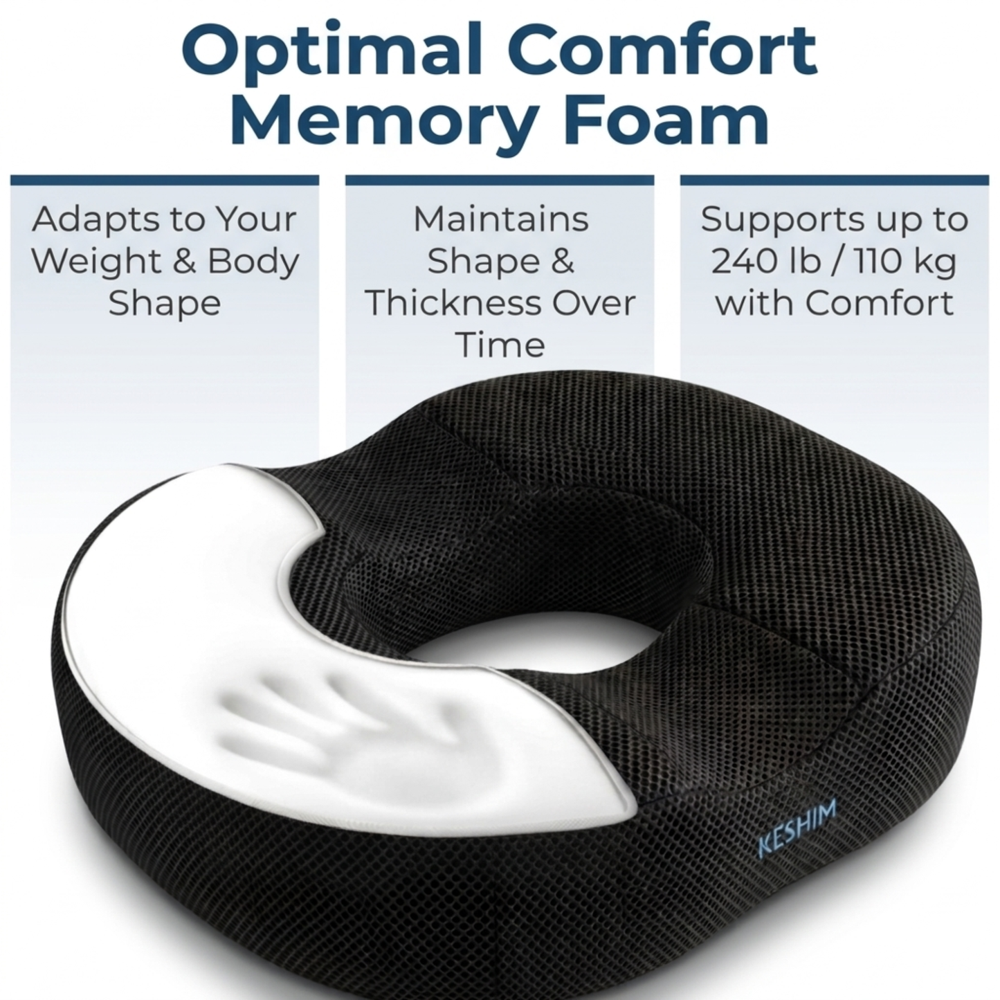 Keshim Donut Cut Seat Cushion for Tailbone Pain Relief | Premium Memory Foam Ring Cushion with Breathable Air Mesh Cover | Orthopedic Coccyx Support Pillow for Office Chair, Car Seat, Wheelchair