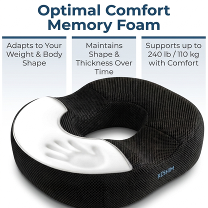 Keshim Donut Cut Seat Cushion for Tailbone Pain Relief | Premium Memory Foam Ring Cushion with Breathable Air Mesh Cover | Orthopedic Coccyx Support Pillow for Office Chair, Car Seat, Wheelchair