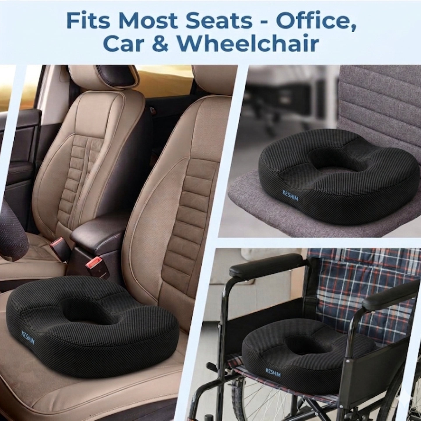 Keshim Donut Cut Seat Cushion for Tailbone Pain Relief | Premium Memory Foam Ring Cushion with Breathable Air Mesh Cover | Orthopedic Coccyx Support Pillow for Office Chair, Car Seat, Wheelchair