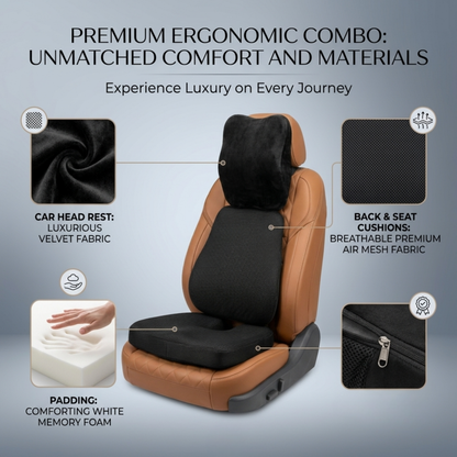 KESHIM 3-in-1 Memory Foam Car Seat Cushion Combo Set with Coccyx Seat Cushion, Lumbar Back Support & Velvet Headrest Pillow | Orthopedic Car Seat Support | Premium Air Mesh And Velvet | Ideal for Driving & Long Rides