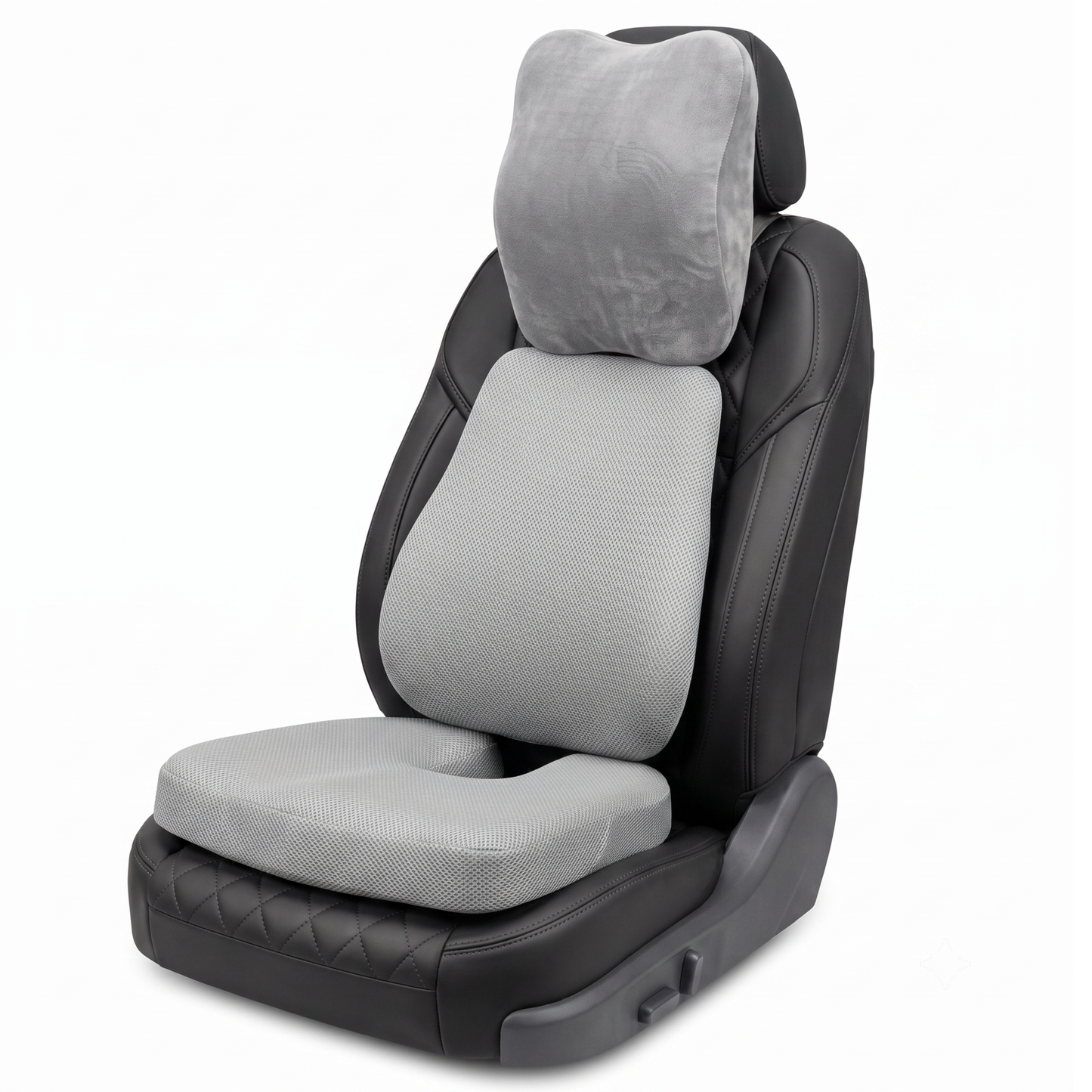 KESHIM 3-in-1 Memory Foam Car Seat Cushion Combo Set with Coccyx Seat Cushion, Lumbar Back Support & Velvet Headrest Pillow | Orthopedic Car Seat Support | Premium Air Mesh And Velvet | Ideal for Driving & Long Rides