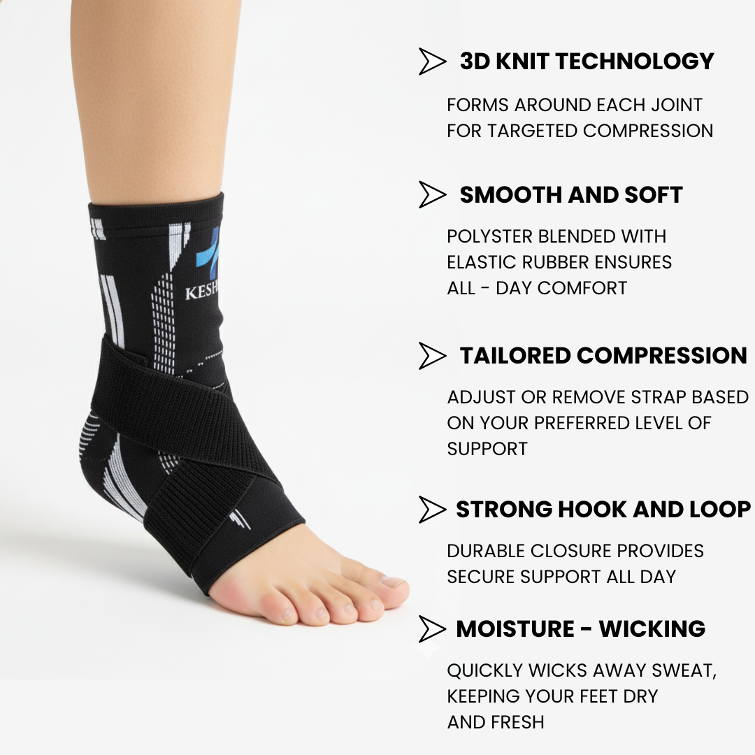 Keshim Ankle Support with Adjustable Binder Strap for Men & Women | Compression Anklet Brace for Sprains, Sports Injury Recovery, Running, Gym & Daily Wear | Breathable Elastic Fabric